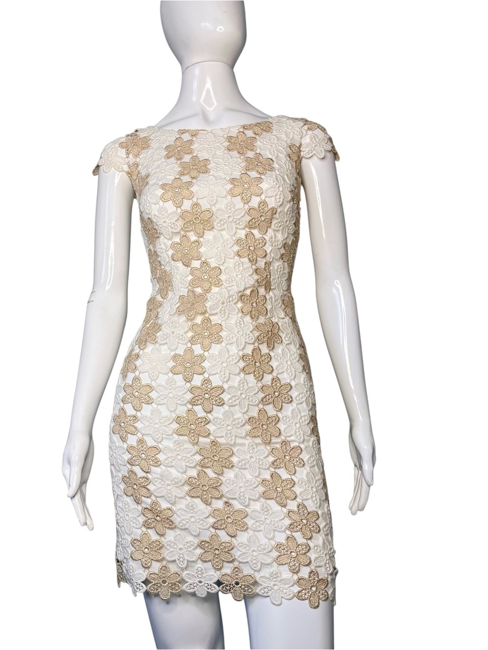 Lilly Pulitzer Barbara Two Tone Truly Petal Lace Gold Metallic Shift Dress 00
